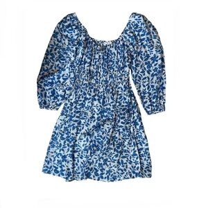 Mango Blue Floral Smocked Puff-Sleeve Dress